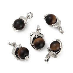 Coconut Brown Cat Eye Pendants, Round with Dolphin Charm, with Alloy Findings, Platinum, Coconut Brown, 19.5x12.5x10.5mm, Hole: 3.5x2.5mm