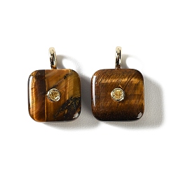 Tiger Eye Natural Tiger Eye Pendants, Square Charms with Brass Micro Pave Cubic Zirconia Findings, Golden, 28.5x16.5x10.5mm, Hole: 3.5mm