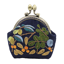 Marine Blue DIY Plants Pattern Kiss Lock Coin Purse Embroidery Kit, Including Embroidered Fabric, Embroidery Needles & Thread, Metal Purse Handle, Plastic Embroidery Hoop, Marine Blue, 85mm