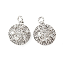 Платина Латунные микропаве прозрачные подвески с фианитом, плоско-круглые, без кадмия и без свинца, долговечный, стойки покрытие, с целью перехода в кольце, платина, 16.5x14x8 мм, отверстие : 3 мм