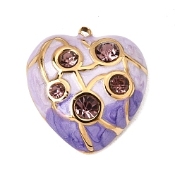 Lilac 304 Stainless Steel & Enamel & Rhinestone Pendants, Heart Charms, Ion Plating(IP), Long-Lasting Plated, Real 18K Gold Plated, Amethyst, Lilac, 22.5x20.5x6.5mm, Hole: 1.5mm