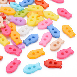 Mixed Color 2-Hole Plastic Buttons, Fish, Mixed Color, 14x7x2mm, Hole: 2mm
