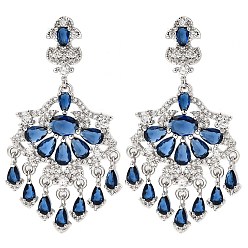 Морской Синий Латунь микро проложить кубический цирконий болтаться серьги стержня, цветок, платина, Marine Blue, 53x27 мм