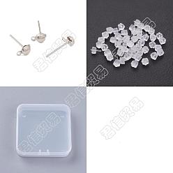 Stainless Steel Color 250Pcs 304 Stainless Steel Half Round Stud Earring Findings, with Horizontal Loops, with 300Pcs Plastic Ear Nuts, Stainless Steel Color, 6.5x4mm, Hole: 1mm, Pin: 0.7mm