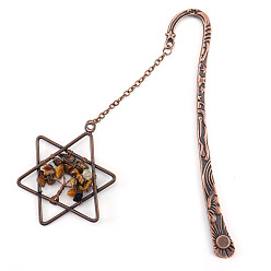 Tiger Eye Natural Tiger Eye Chip Beaded Tree of Life in Star of David Pendant Bookmark, Red Copper Plated Alloy Hook Bookmark, 120mm