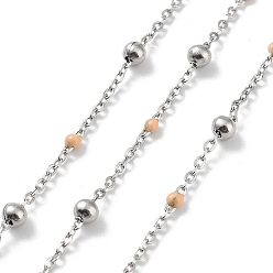 PeachPuff 304 Stainless Steel Cable Chain, with Enamel, Soldered, PeachPuff, Beads: 3.5~3.6x3.5mm, Link: 5x2x2mm and 2x1.5x0.3mm