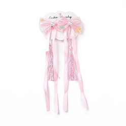 Pink Bowknot Long Ribbon Alligator Hair Clip, with Random Color Tassels, Hanfu Hair Accessories for Teens Girls Gifts, Pink, 213~220x57~60x15~16mm, 2pcs/card