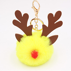 Yellow Christmas Deer Antler Pom-Pom Keychain with Plush Elk Charm for Women's Handbag Gift