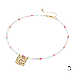 Pink Diamond Fashion Glass Rice Bead Necklace with Devil Eye Pendant - Short, Unique, Diamond Inlay