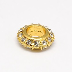 Golden Big Hole Zinc Alloy Pave Grade A Crystal Rhinestone Rondelle Beads, Golden, 12.5x4.5mm, Hole: 6mm