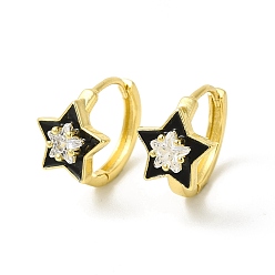 Black Enamel Star Hoop Earrings with Clear Cubic Zirconia, Real 18K Gold Plated Brass Jewelry for Women, Cadmium Free & Nickel Free & Lead Free, Black, 15.5x17.5x2.5mm, Pin: 1mm