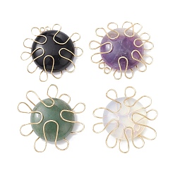 Mixed Stone Natural Mixed Gemstone Copper Wire Wrapped Pendants, Flat Round Charms, Golden, 37~37.5x10mm, Hole: 4.2~4.5mm