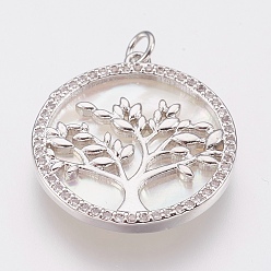 Platinum Brass Micro Pave Cubic Zirconia Pendants, with White Shell, Lead Free & Cadmium Free, Flat Round with Tree of Life, Platinum, 24x22x3mm, Hole: 2.5mm