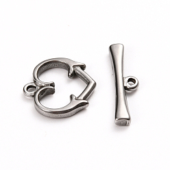 Platinum 304 Stainless Steel Toggle Clasps, Heart, Stainless Steel Color, Heart: 15x15.5x2mm, Hole: 1.6mm, Bar: 21x6x2.5mm, Hole: 1.5mm