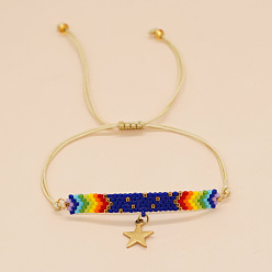 Colorful Glass Seed Braided Bead Bracelet, 201 Stainless Steel Star Charm Bracelet for Women, Colorful, 11 inch(28cm)