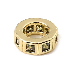 Olive Brass Pave Cubic Zirconia European Beads, Flat Round, Large Hole Beads, Rack Plating, Long-Lasting Plated, Lead Free & Cadmium Free, Real 18K Gold Plated, Olive, 8.5x3mm, Hole: 5mm