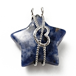 Sodalite Natural Sodalite Pendants, Star Charm, with Stainless Steel Color Tone Heart 304 Stainless Steel Findings, 32.5x29x15mm, Hole: 3.5mm