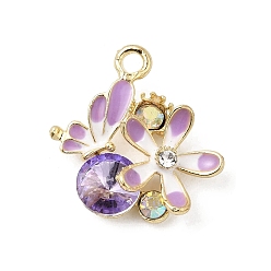 Фиолетовый Бархат Подвески из сплава и страза, стойки покрытие, цветок с бабочкой, золотые, пурпурного бархата, 22x21x7 мм, отверстие : 2.5 мм