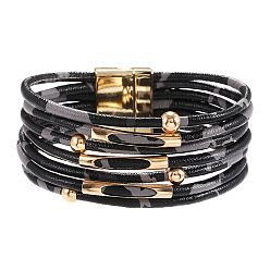black Leopard Print Magnetic Clasp Leather Bracelet - Beaded Leather Cord Bracelet, Copper Tube Bangle, Jewelry.