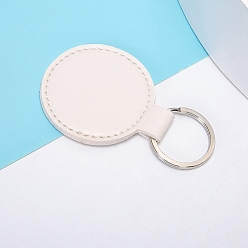 White PU Leather Keychain, with Metal Key Ring, Flat Round, White, 5x5cm