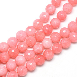 Light Coral Natural White Jade Bead Strands, Dyed, Faceted, Round, Light Coral, 8~9mm, Hole: 1mm, about 46pcs/strand, 14.76~14.96 inch(37.5~38cm)