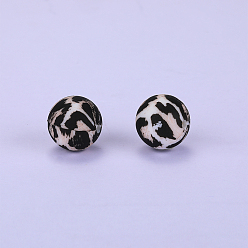 Black Printed Round with Leopard Print Pattern Silicone Focal Beads, Black, 15x15mm, Hole: 2mm