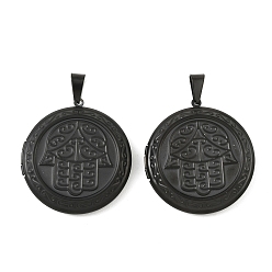 Черный 316 подвески из нержавеющей стали Locket, плоский круглый с хамсой на руку, с 304 защелкой из нержавеющей стали на поручнях, долговечный, ионное покрытие (ip), чёрные, 48x44.5x9.5 мм, отверстие : 11.5x6 мм, внутренний диаметр: 29.5 мм