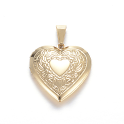 Real 18K Gold Plated Ion Plating(IP) 316 Surgical Stainless Steel Locket Pendants, Heart, Real 18k Gold Plated, 29x29x7mm, Hole: 9x5mm, Inner: 21x17mm