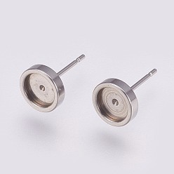 Stainless Steel Color 201 Stainless Steel Stud Earring Settings, with 304 Stainless Steel Pins, Flat Round, Stainless Steel Color, Tray: 6mm, 8x2mm, Pin: 0.8mm