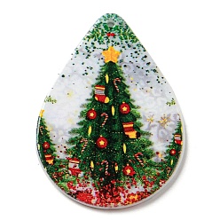 Christmas Tree Christmas Theme Acrylic Pendants, Teardrop, Christmas Tree, 47.5x35x2.5mm, Hole: 1.8mm