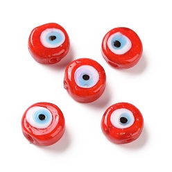 Red Handmade Evil Eye Lampwork Beads, Flat Round, Red, 11.5~12x5.5mm, Hole: 1~1.2mm