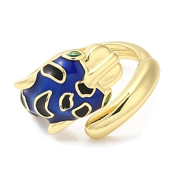Medium Blue Enamel Leopard Open Cuff Ring with Cubic Zirconia, Real 18K Gold Plated Brass Jewelry, Long-Lasting Plated, Medium Blue, Inner Diameter: 18mm