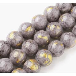 Slate Gray Natural Jade Beads Strands, with Gold Foil, Dyed, Round, Slate Gray, 4mm, Hole: 1mm, about 92~95pcs/strand ,14.96 inch(38cm)