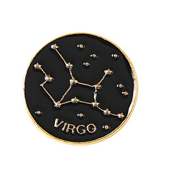 Virgo Black Constellations Word Enamel Pin, Gold Plated Alloy Flat Round Badge for Backpack Clothes, Virgo, 20mm