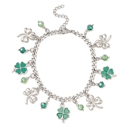 Stainless Steel Color Alloy Clover & Glass Charm Bracelet with 304 Stainless Steel Curb Chains for Saint Patrick's Day, Stainless Steel Color, 7-3/8 inch(18.7cm)