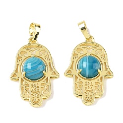 Полосатый Агат Подвески из натурального полосчатого агата (окрашенного и нагретого), латунные полые хамса ручные амулеты, стойки покрытие, без кадмия и без свинца, золотые, глубокое синее небо, 33x22x6.5 мм, отверстие : 7.5x5 мм