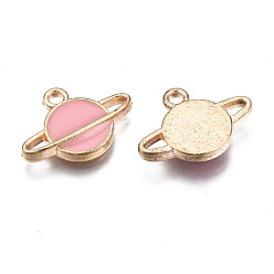 Pearl Pink Alloy Enamel Pendants, Planet, Universe Space Charms, Light Gold, Pearl Pink, 12x16.5x3mm, Hole: 1.6mm