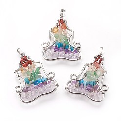 Platinum Natural & Synthetic Mixed Gemstone Chakra Pendants, with Brass Findings, Yoga, Platinum, 42x32x6mm