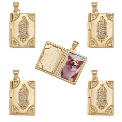 Real 18K Gold Plated 5Pcs Rack Plating Brass Micro Pave Clear Cubic Zirconia Locket Pendants, Cadmium Free & Lead Free, Religion, Rectangle with Virgin Mary, Real 18K Gold Plated, 23x15x4.5mm, Hole: 4x3.5mm, Inner Diameter: 18x11mm