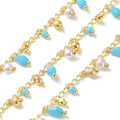 Cyan Handmade Brass Curb Chains, with Glass Charms, Real 18K Gold Plated, Soldered, with Spool, Cyan, 3mm