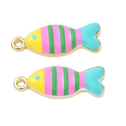 Pearl Pink Printed Brass Pendants, Fish with Stripe Charms, Rack Plating, Long-Lasting Plated, Lead Free & Cadmium Free, Real 18K Gold Plate, Pearl Pink, 26.5x10x2.5mm, Hole: 2mm