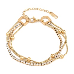 Золотой 304 Многорядный браслет из нержавеющей стали с цепочкой-сателлитом и цепочкой с кристаллами для женщин, золотые, 6.85 дюйм (17.4 см)