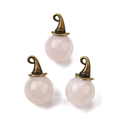 Розовый Кварц Круглые подвески из натурального розового кварца с ведьминой шляпой из сплава, античная бронза, 27~27.5x16~16.5 мм, отверстие : 1.5x2 мм