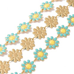 Sky Blue 304 Stainless Steel Daisy Flower Link Chains with Enamel, Unwelded, Golden, Sky Blue, 14x10x1mm