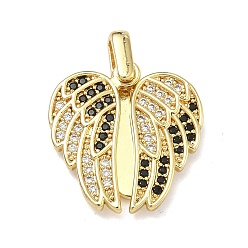 Настоящее золото 18K Подвески из латуни и кубического циркония, крыло, без кадмия и без свинца, чёрные, реальный 18 k позолоченный, 23x18x3.5 мм, отверстие : 3.4x2.6 мм