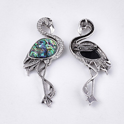 Colorful Abalone Shell/Paua Shell Brooches/Pendants, with Resin Bottom and Alloy Findings, Flamingo Shape, Antique Silver, Colorful, 83.5x38x8~10mm, hole: 4x3mm, Pin: 0.7mm