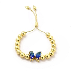 Bleu Bracelets coulissants à perles rondes en laiton plaqué en rack pour femmes, bracelets réglables papillon en verre plaqué longue durée, sans nickel et sans plomb, réel 18 k plaqué or, bleu, diamètre intérieur : 1-1/2~2-7/8 pouces (3.7~7.2 cm)