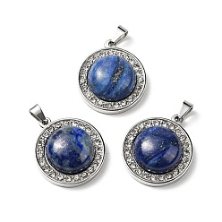 Lapis Lazuli Natural Lapis Lazuli Pendants, with Stainless Steel Color Tone 304 Stainless Steel and Crystal Rhinestone Findings, Half Round Charm, Dyed, 24.5x21x8mm, Hole: 3.5x6mm