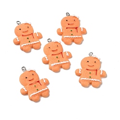 Red Christmas Opaque Resin Pendants, with Platinum Tone Iron Loops, Gingerbread Man Charm with Bowknot, Red, 35x25x4.5mm, Hole: 2mm