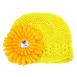 Yellow Handmade Crochet Baby Beanie Costume Photography Props, with Cloth Flowers, Yellow, 180mm